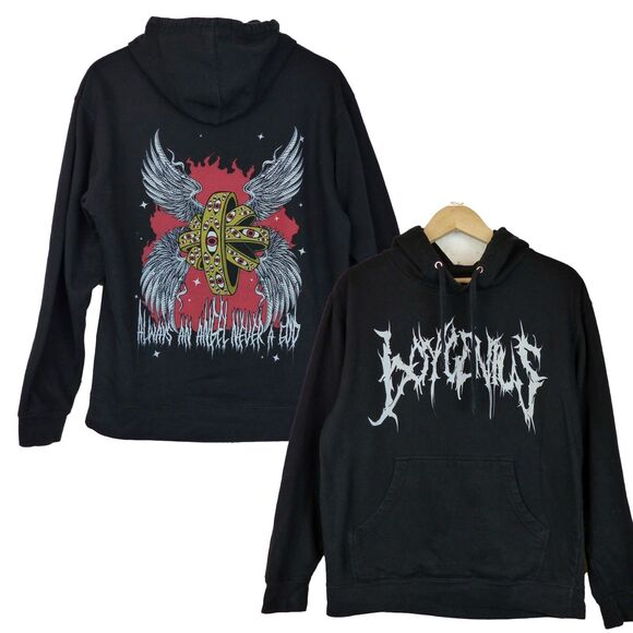 BoyGenius Band Hoodie Mens M Black Always An Angel Never A God Rock Indie Merch - Picture 1 of 10